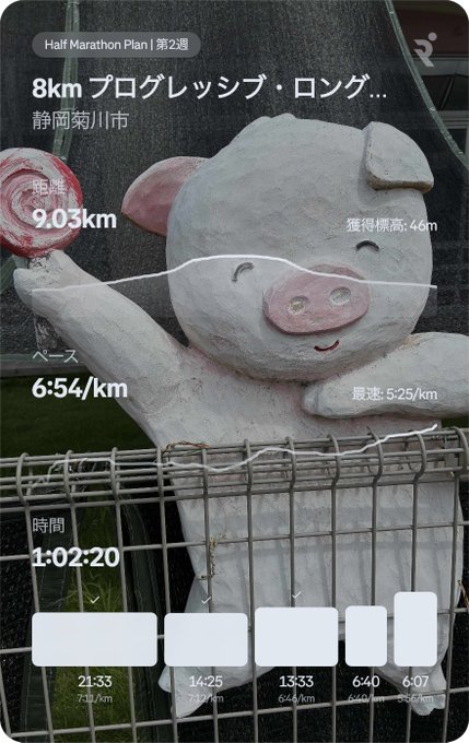A running app summary shows a completed 9.03 km run with an elevation gain of 46m, an average pace of 6:54/km, and a total time of 1:02:20, overlaid on an image of a smiling pig statue in Shizuoka.