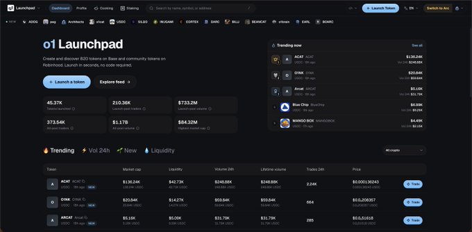 Screenshot of the o1 Launchpad app interface on the Arc network, showing a dark-themed dashboard with a "Trending now" sidebar listing tokens like ACAT ($136.24K), OINK ($20.84K), ARCAT ($5.15K), Blue Chip ($5.29K), and MANGO BOI ($4.49K), alongside a main table displaying 45.37K tokens launched, $733.2M total token volume, and 373.54K total token holders. The interface supports the post announcing the app's launch on Arc, though it confirms in-app that some features like charts are not yet available.
