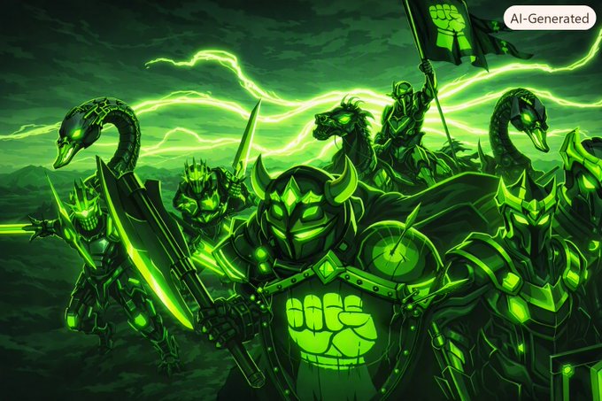 An AI-generated fantasy artwork featuring a group of dark, armored warriors and serpent creatures wielding green glowing weapons under a stormy green sky, labeled 'AI-Generated'.