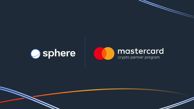 The image displays the Sphere logo alongside the Mastercard "Crypto Partner Program" branding on a dark background, visually representing the announcement of Sphere's partnership with Mastercard to integrate stablecoin-based payments into mainstream financial systems.