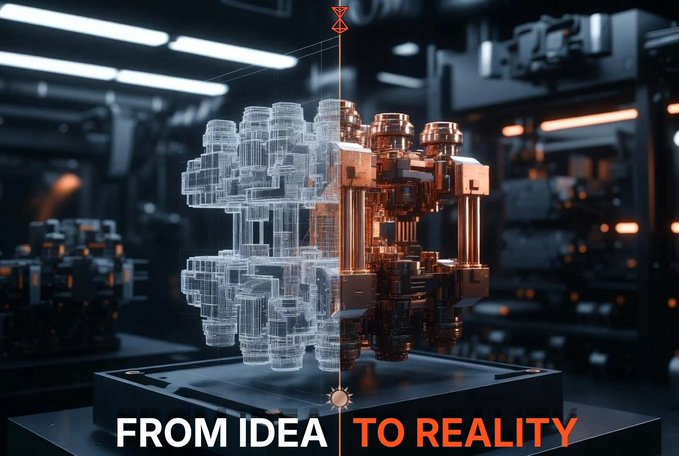 A 3D rendering shows a holographic blueprint transforming into a physical metallic engine component, with the text 'FROM IDEA TO REALITY' displayed at the bottom.