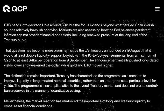 QCP Capital discusses how BTC's move toward $80k ahead of Jackson Hole is driven by long-end Treasury liquidity dynamics, including the U.S. Treasury's August 19 announcement to double buybacks in the 10- to 30-year segments from $2bn to $4bn, which pushed long-dated yields lower and lifted gold and BTC.