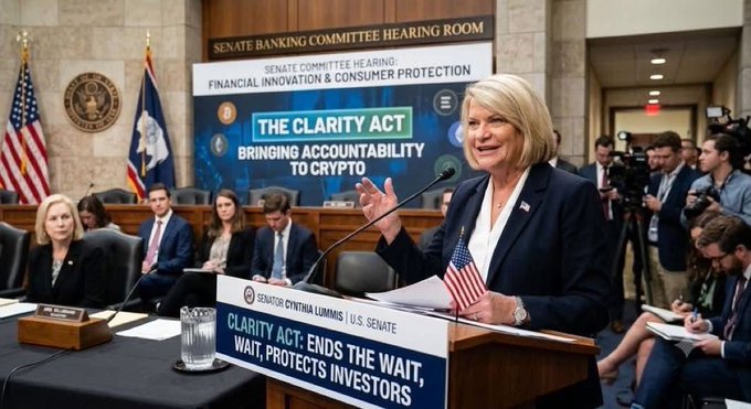 Senator Cynthia Lummis speaking at a podium during a Senate Banking Committee Hearing on 'The CLARITY ACT: Bringing Accountability to Crypto', with a sign stating the act 'ENDS THE WAIT, PROTECTS INVESTORS'.