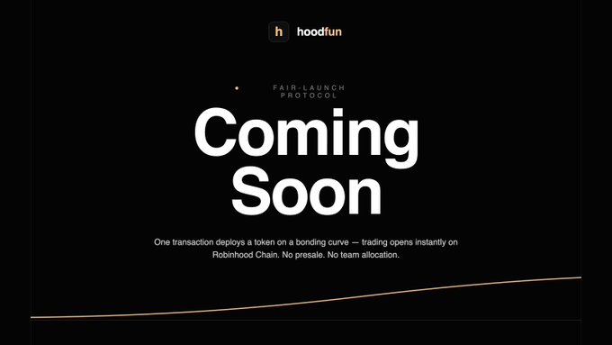 A black promotional screen with white text reading 'hoodfun', 'FAIR-LAUNCH PROTOCOL', 'Coming Soon', and 'One transaction deploys a token on a bonding curve — trading opens instantly on Robinhood Chain. No presale. No team allocation.'