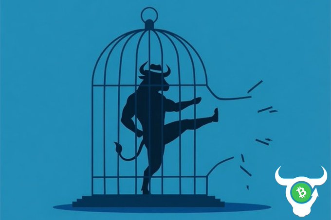 A blue-toned illustration showing the silhouette of a bull breaking out of a birdcage, with the Bitcoin (₿) logo featuring bull horns in the bottom right corner.
