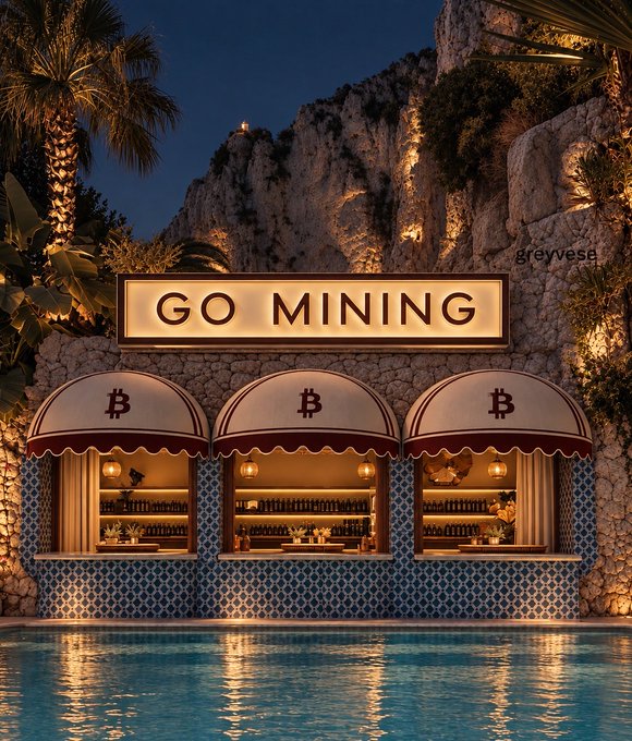 An AI-rendered image shows a stylish building with a 'GO MINING' sign and Bitcoin logos on the awnings, situated by a pool with rocky cliffs behind it.