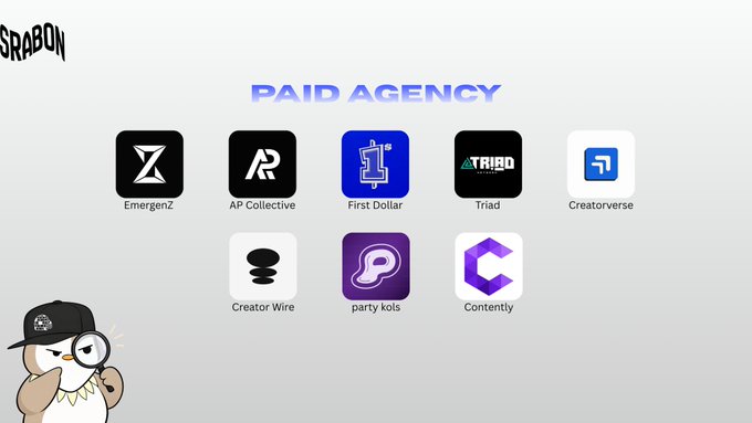 A graphic titled 'PAID AGENCY' displaying logos for eight companies including EmergenZ, AP Collective, First Dollar, Triad, Creatorverse, Creator Wire, party kols, and Contently, with a cartoon owl mascot in the corner.