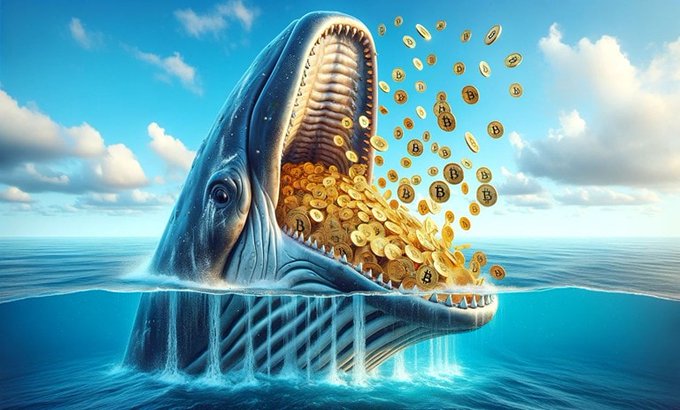 A digital illustration of a large blue whale emerging from the ocean with its mouth open, filled with and spilling out hundreds of gold Bitcoin coins.