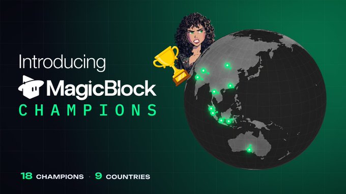 A promotional banner for 'MagicBlock Champions' featuring a character holding a gold trophy next to a globe with green location markers across Asia and Australia, noting '18 Champions, 9 Countries.'