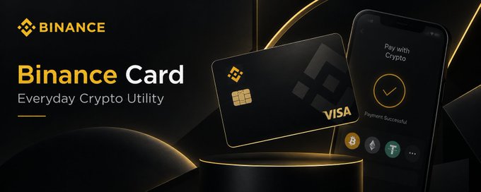 The image is a sleek promotional banner for the "Binance Card," featuring the Binance logo in the top left corner with the tagline "Binance Card – Everyday Crypto Utility." It displays a black Visa-branded card with a chip alongside a smartphone screen showing a "Pay with Crypto" interface with a checkmark and the message "Payment Successful," illustrating how users can make real-world purchases using cryptocurrency. This visual perfectly complements the post's message about bridging the gap between crypto and everyday transactions like buying coffee or shopping online.