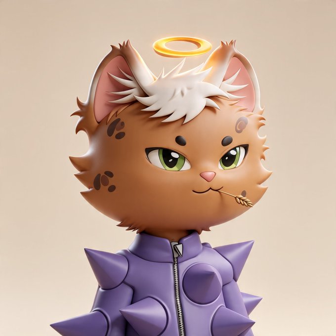 A chibi-style 3D rendered cat character with a golden halo, green eyes, and a smug expression holds a piece of wheat in its mouth, wearing a purple spiked jacket. This image represents NFT #1182 "Mortals," which recently sold for 0.29 ETH ($720) as part of the Collectors collection.