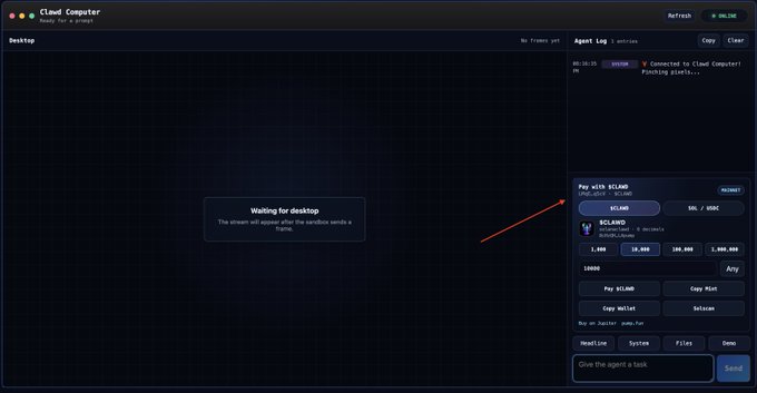A screenshot of a Cloud Computer interface showing a desktop waiting for a connection, with a red arrow pointing to the 'Pay with $CLAMD' button and an agent log showing a successful connection to fetch the pending airdrop.