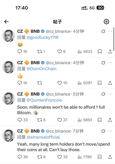 The image shows a series of recent posts from CZ (Changpeng Zhao) of Binance (@cz_binance), featuring replies to users with messages like "Soon, millionaires won't be able to afford 1 full Bitcoin" and "Yeah, many long term holders don't move/spend their coins at all." This relates to the accompanying post's criticism that CZ frequently responds to fans online rather than taking action, highlighting his active engagement on social media.