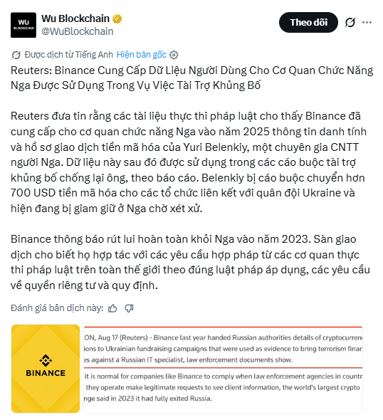 A screenshot of a Twitter/X post from Wu Blockchain (@WuBlockchain) in Vietnamese, reporting on Reuters' story that Binance provided user data to Russian authorities in a terrorism financing case, including a Binance statement.