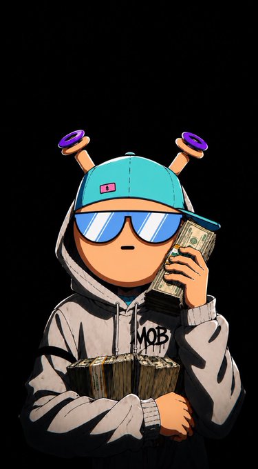 An illustration of a cartoon character wearing a light blue cap and sunglasses with angel halo accessories, holding stacks of cash while wearing a hoodie labeled 'MOB'.