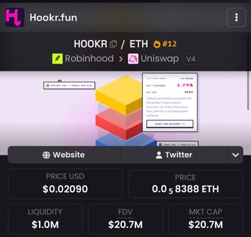 A cryptocurrency tracking screen displays the HOOKR / ETH token price at $0.02090, showing liquidity of $1.0M and a market cap of $20.7M, available on Robinhood and Uniswap V4.