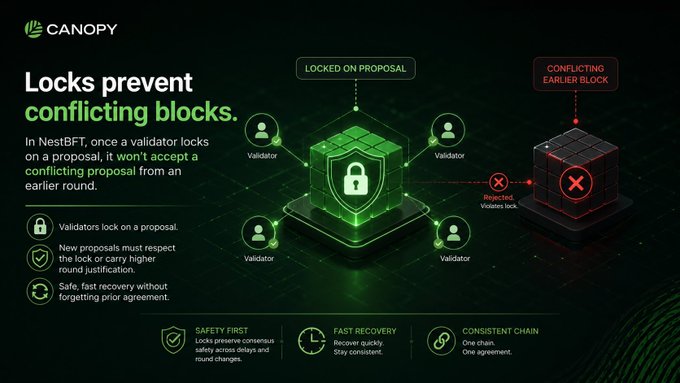 A Canopy promotional infographic titled 'Locks prevent conflicting blocks' explaining how validators in NestBFT lock on proposals to ensure safety, fast recovery, and a consistent chain.