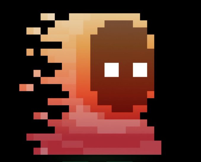 A pixel art image depicting a dark brown head/figure with white rectangular eyes, surrounded by pixelated flames or disintegration effect in orange and red tones.