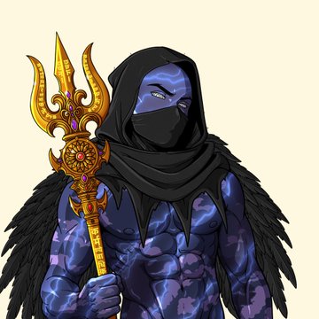 A blue-skinned figure wearing a black hood and cape with wings holds a golden trident inscribed with the text "SOLGOD".