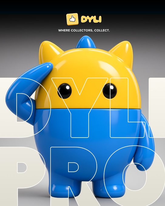 A promotional image for OYLI featuring a glossy yellow and blue cat-like figure saluting, with the text 'WHERE COLLECTORS, COLLECT.' and large 'OYLI PRO' lettering.