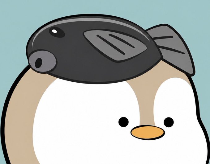 A cute cartoon penguin character with an orange beak wearing a gray fish-like hat against a light blue background.