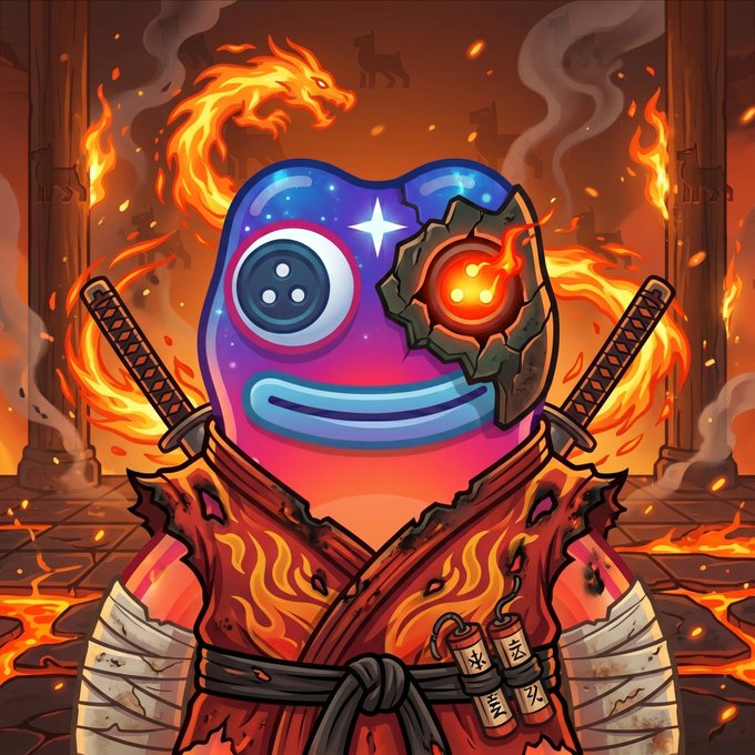 A cartoonish warrior figure with a galaxy-themed head, button eyes, and fiery katanas stands amid a burning temple, wearing flame-patterned robes with a shattered mask revealing an orange-glowing orb. The image visually represents the "Pepe Wars" giveaway's theme of a unique Pepe hero warrior, matching the promotion's emphasis on 3,000 unique Pepe heroes.