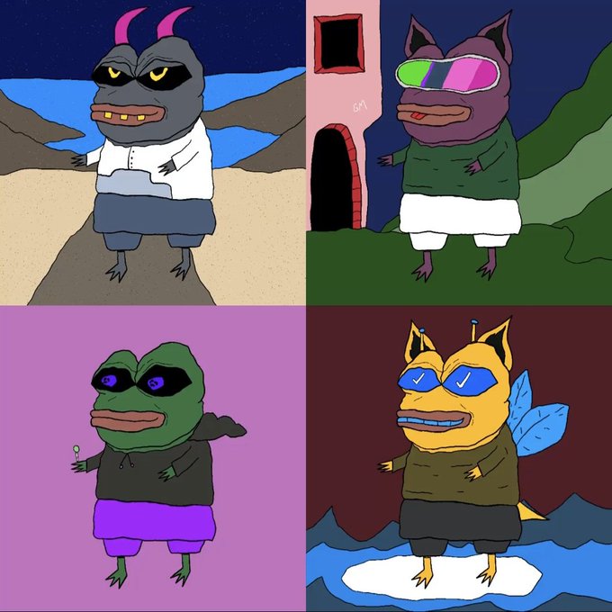 Four cartoon characters arranged in a grid, featuring anthropomorphic figures including a horned creature on a beach, a cat-like character in 3D glasses, a frog with sunglasses, and a Pikachu-like creature.
