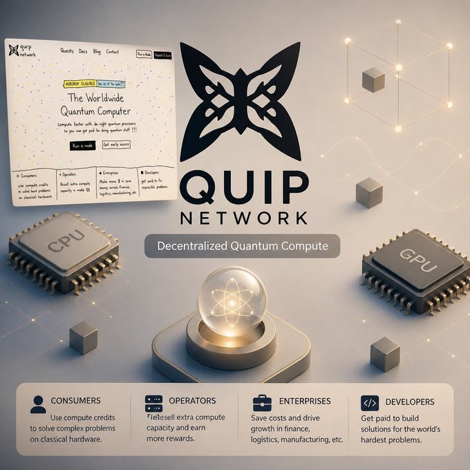 The image features a poster for Quip Network with three computer components displayed on it - a circuit board, a CPU, and a crystal ball. The poster also includes text that reads "decentralized Quantum Computer" and "decentralized Quantum Computing". The poster is designed to showcase the capabilities of Quip Network's technology in a visually appealing manner.