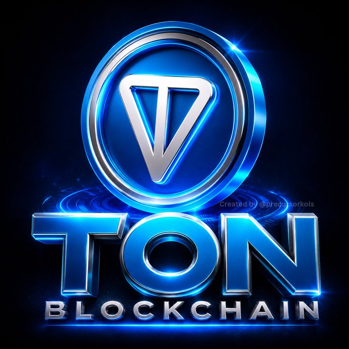 The image is a stylized logo featuring a silver "V" or triangular emblem inside a blue circular badge, with the bold 3D text "TON BLOCKCHAIN" beneath it on a dark background, bearing a "Created by @prequerkols" watermark. It relates to the post by reinforcing the distinction the author is making—since the image prominently displays "TON BLOCKCHAIN" rather than "GRAM," it visually supports the argument that the network's proper name is TON Blockchain, while Gram is merely its associated currency, making "GRAM MEMECOINS" a misnomer.