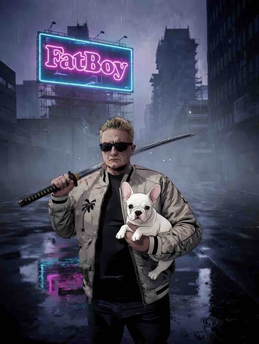A man in sunglasses and a bomber jacket holds a katana and a French bulldog on a rainy street beneath a neon "FatBoy" sign.
