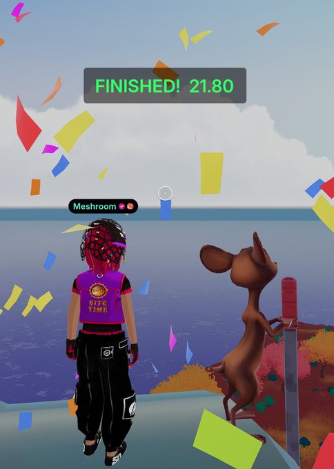 A player with pink and black hair, wearing a purple "VOTE TIME" jersey, stands at the summit of a virtual world celebrating a personal best time of "FINISHED! 21.80" with colorful confetti raining down, while a small dog character beside them looks out at the scenery—marking the user's achievement of beating the 22-second mark in Decentraland.