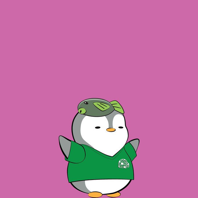 A cute cartoon penguin wearing a green shirt with a turtle mascot on its head stands against a pink background.