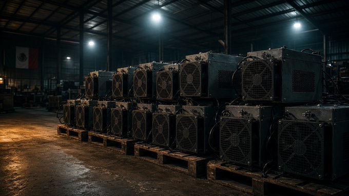 A dimly lit industrial warehouse contains rows of large, dark industrial cooling or power units stacked on wooden pallets.