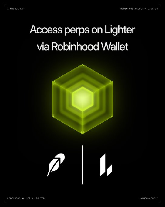 An announcement graphic promoting access to perpetual futures ("perps") on Lighter via Robinhood Wallet, featuring a glowing green isometric cube and both companies' logos. The post celebrates Lighter's evolution as a platform, tying the partnership announcement to the broader journey from past protocols like EtherDelta to current innovations in DeFi derivatives trading.
