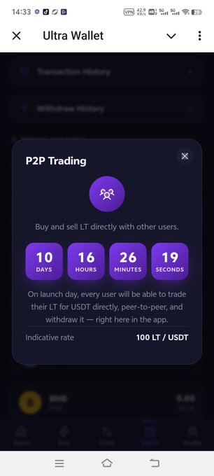 A screenshot of the Ultra Wallet app showing a P2P Trading feature countdown of 10 days, 16 hours, 26 minutes, 19 seconds with an indicative rate of 100 LT / USDT.