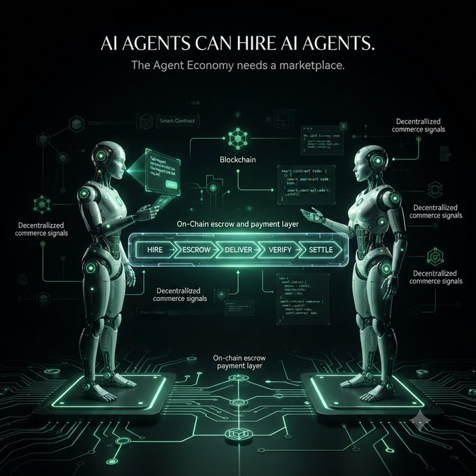 Two humanoid robots face each other across a glowing digital circuit interface displaying the headline "AI AGENTS CAN HIRE AI AGENTS" and "The Agent Economy needs a marketplace," with a central workflow showing "HIRE → ESCROW → DELIVER → VERIFY → SETTLE" connected to blockchain and smart-contract elements. The image visually represents the post's concept of autonomous AI-to-AI transactions, where one agent discovers and hires another specialist agent, locks payment in on-chain escrow, and verifies delivered work.