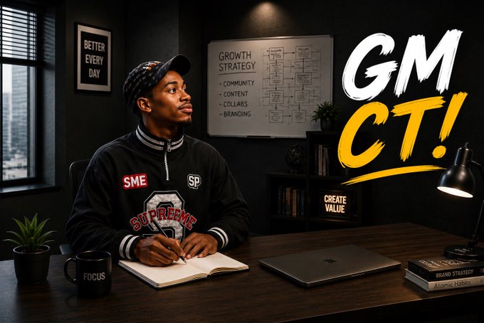 A man sits at a desk with a notebook, laptop, and coffee mug in an office featuring a whiteboard labeled 'GROWTH STRATEGY' and posters reading 'BETTER EVERY DAY' and 'CREATE VALUE,' with large 'GMCT!' text overlay.