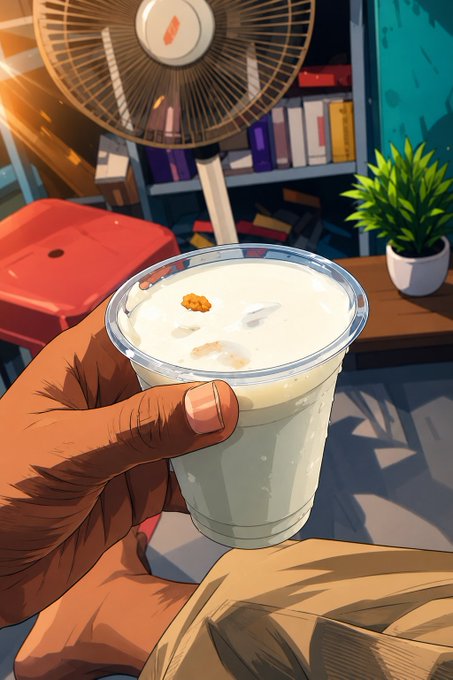 An anime-style illustration shows a hand holding a cup of a creamy white beverage with toppings, set against a background featuring a fan, bookshelf, and potted plant.