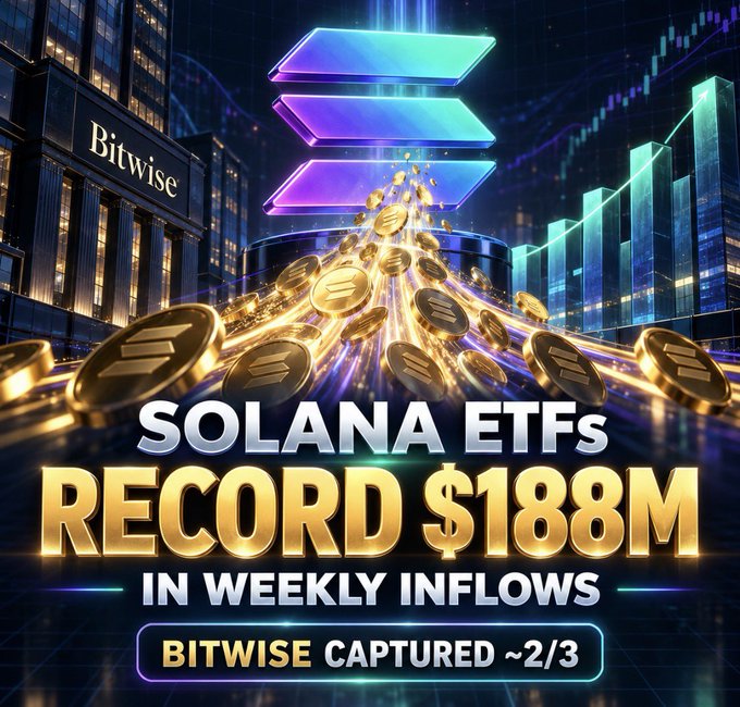 The image is a promotional graphic featuring the Solana logo, golden Solana coins erupting upward, and a "Bitwise" building in the background, with bold text reading "SOLANA ETFs RECORD $188M IN WEEKLY INFLOWS — BITWISE CAPTURED ~2/3," visually emphasizing the headline figures and Bitwise's dominant share of the record-breaking weekly inflows.