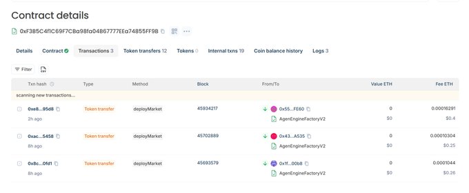 The image displays a blockchain explorer page showing "Contract details" for address 0xf385C4fC69F7CBa98fa0486777EEq74855FF9B, with the Transactions tab active showing 3 token transfers, all labeled "Token transfer" via the deployMarket method, involving addresses like 0x55..FE60, 0x43..A535, and 0x11..Dfd1, all interacting with "AgenEngineFactoryV2" with minimal ETH values. This relates to the post by demonstrating on-chain activity from AgenSpace's factory contracts, confirming that the deployer wallet identified in the post has indeed been deploying token-related contracts through the AgenEngineFactoryV2.