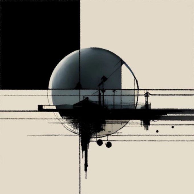 A minimalist digital artwork featuring a reflective sphere intersected by bold black geometric lines, with industrial structures visible in its reflection.