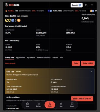 A Lido Stake page showing staking statistics: 32.52% rewards, 360,049 JUMOs staked, with a current ETH rate of 0.26%.