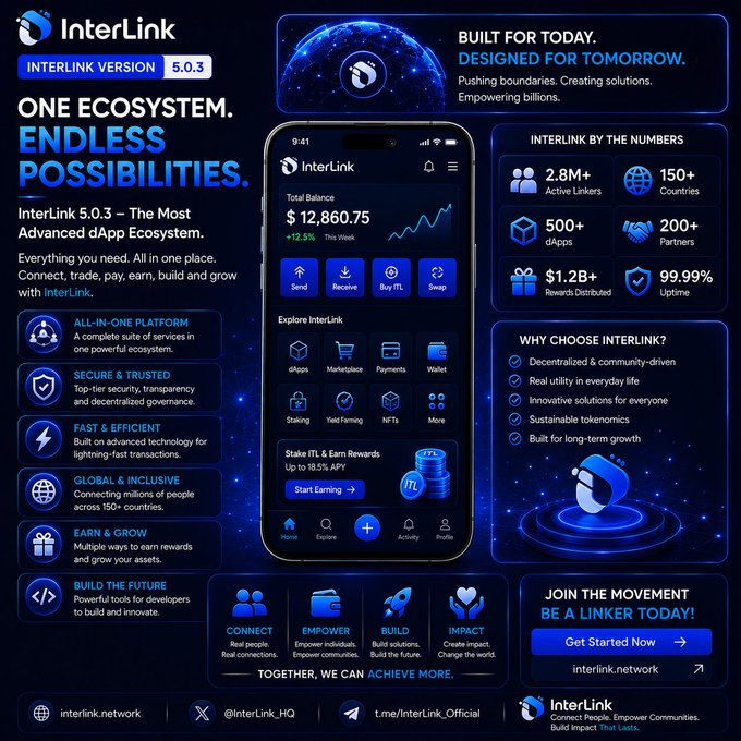 The image features an advertisement for Interlink, which promotes its ecosystem services. The main focus of the image is a cell phone with a blue background displaying various icons related to the platform's offerings. The text in the image highlights the benefits of using Interlink, such as connecting people and businesses through a Human Network that fosters economic activity between verified users and businesses.