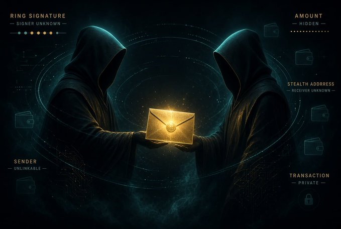 Two hooded figures passing a glowing golden envelope, surrounded by interface elements labeled "RING SIGNATURE," "AMOUNT HIDDEN," "STEALTH ADDRESS," "SENDER UNLINKABLE," and "TRANSACTION PRIVATE."