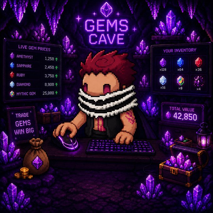 Pixel-art game scene titled 'GEMS CAVE' showing a character with red hair bound at a keyboard, with UI panels displaying live gem prices (Amethyst 1,250; Sapphire 2,450; Ruby 3,750; Diamond 8,900; Mythic Gem 25,000), an inventory of gems, and a total value of 42,850.