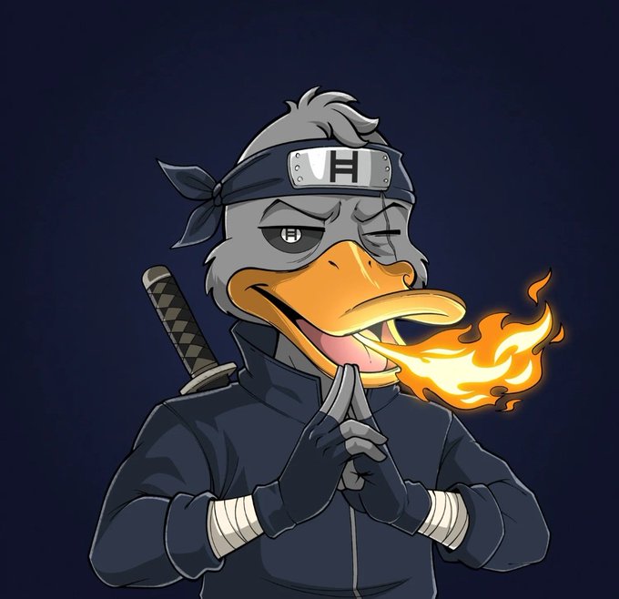 An anthropomorphic duck dressed as a ninja in a dark blue outfit with a headband bearing a symbol breathes fire while holding a katana on its back.