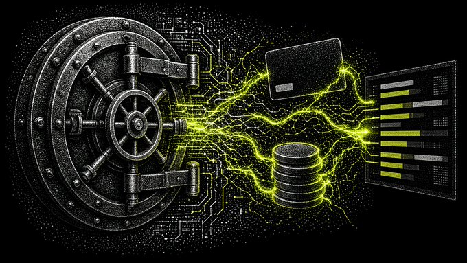 A digital illustration showing a large metal vault door connected by green electric lightning to a credit card, a database, and a server rack on a black background with circuit board patterns.