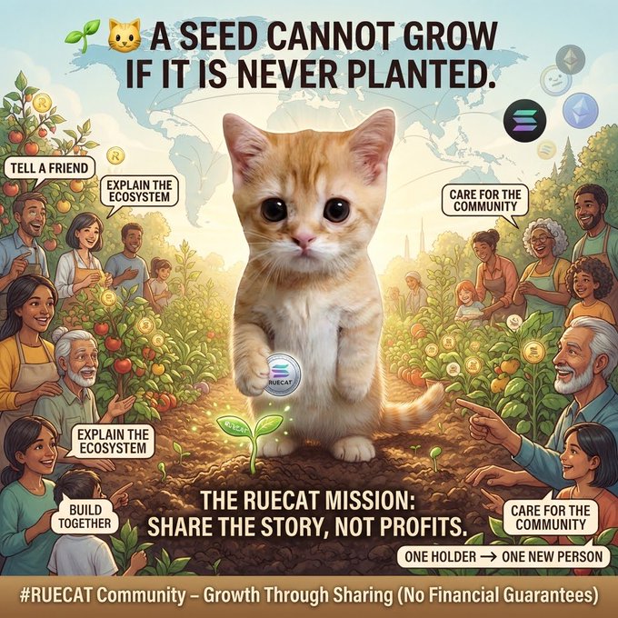 A promotional graphic featuring an orange kitten in a garden with people, reading 'A SEED CANNOT GROW IF IT IS NEVER PLANTED' and 'THE RUECAT MISSION: SHARE THE STORY, NOT PROFITS' along with '#RUECAT Community – Growth Through Sharing (No Financial Guarantees)'.