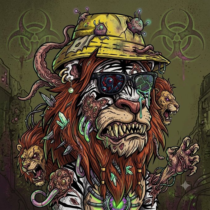 A grotesque horror illustration depicts a feral clown-like character with sharp fangs, wild red hair, a yellow hat covered in slug-like creatures, and biohazard symbols in the background.