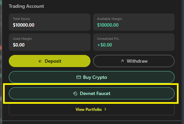 A trading account interface showing Total Equity and Available Margin of $10000.00, with a yellow highlight around the 'Devnet Faucet' button.